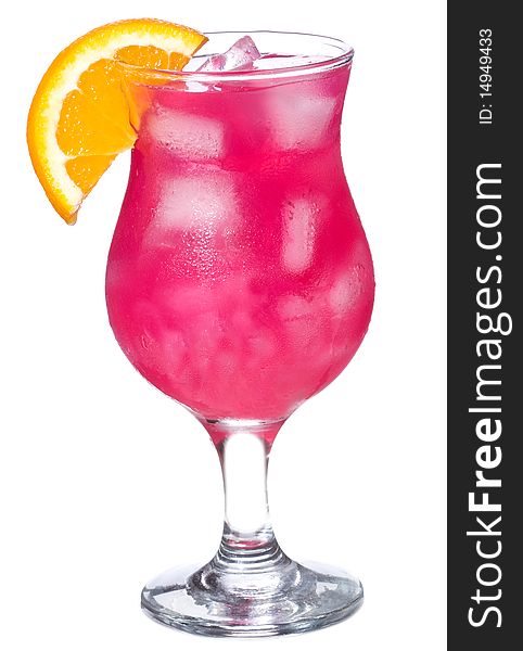 Red alcohol cocktail with orange slice on white background. Red alcohol cocktail with orange slice on white background