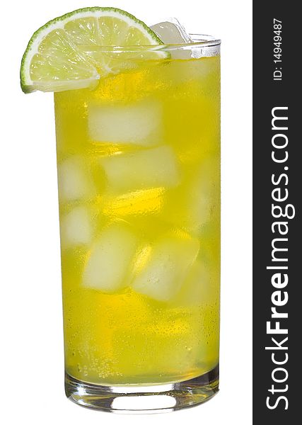 Cocktail with lime and ice on white background