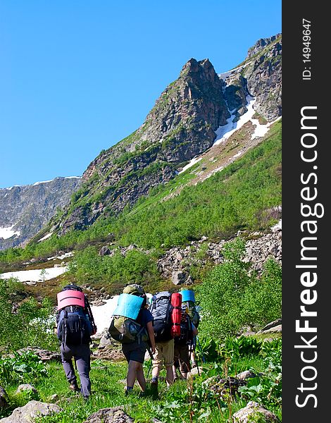 Hiker group in Caucasus mountains