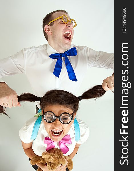 Two happiness fun students on a white background