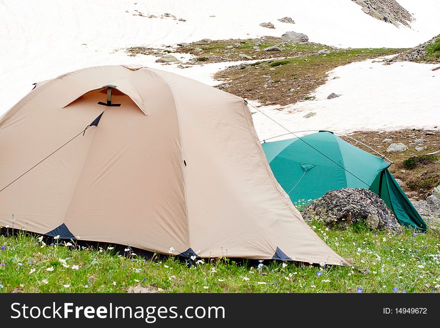 Two tents in Caucasus mountain