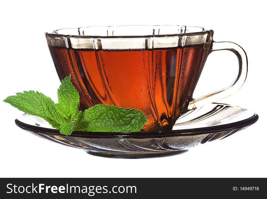 Tea with mint on white background