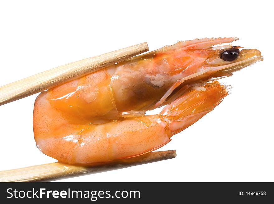 Shrimp with chopsticks on white background