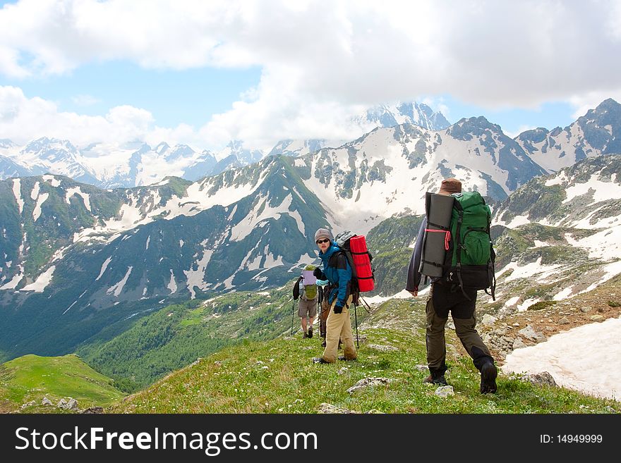 Hiker group in Caucasus mountains
