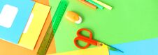 Back To School Background. School Supplies Bright Colors Stock Photo