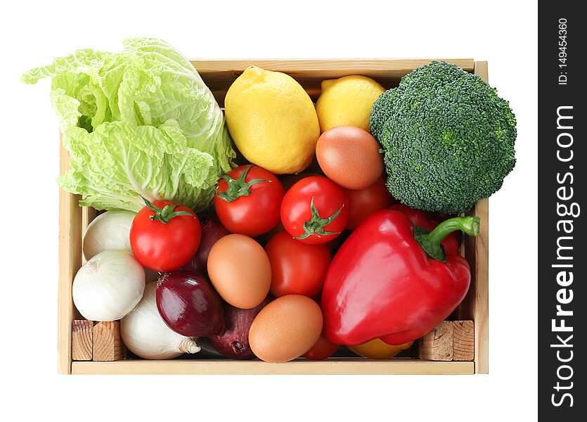 Wooden Crate Full Of Fresh Products On White Background