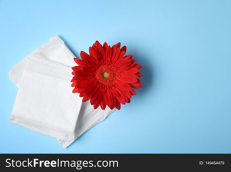 Flat lay composition with menstrual pads and gerbera flower on color background. Gynecological care