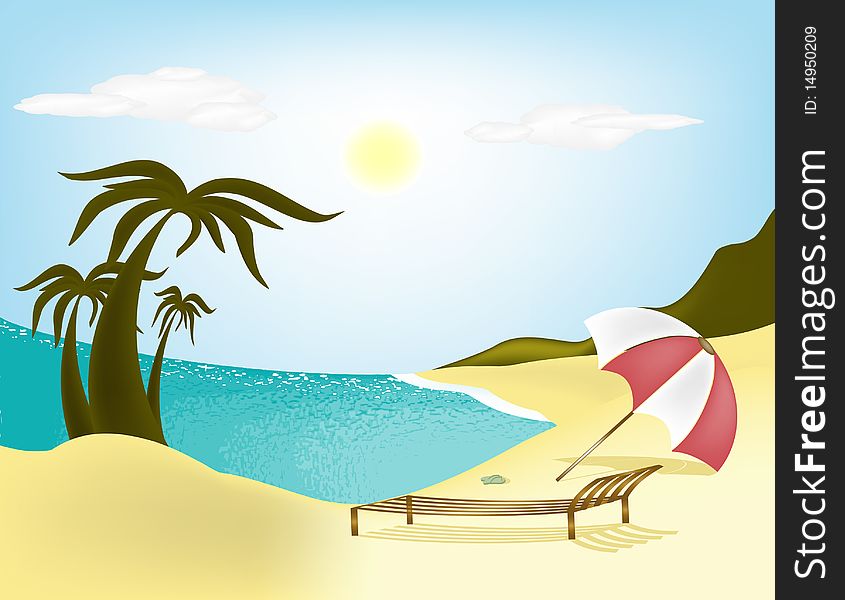 Illustration sea, beach, palm trees and sun loungers with umbrella