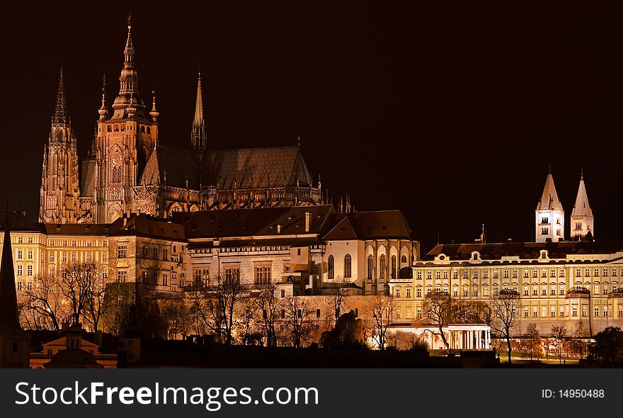 The night view of Prague castle Hradcany with detail to Saint Vitus' Cathedral