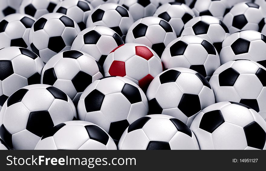 3d generated picture of a group of soccer balls, with one standing out