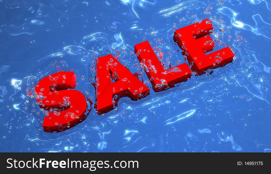 3d sale word dropping into the water and making big splashes. 3d sale word dropping into the water and making big splashes