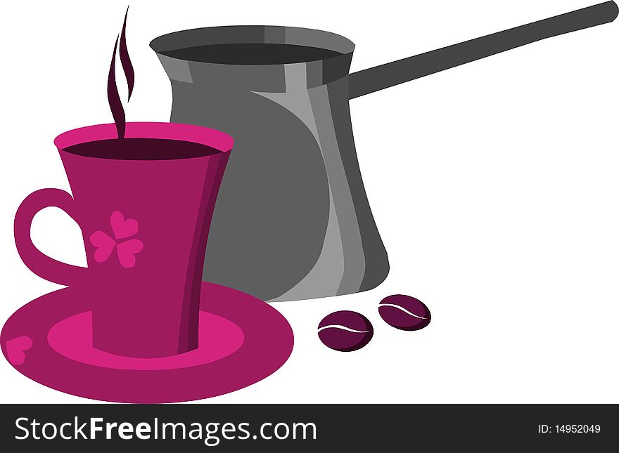Pink cup of coffee with coffee bean on white,  illustration. Pink cup of coffee with coffee bean on white,  illustration