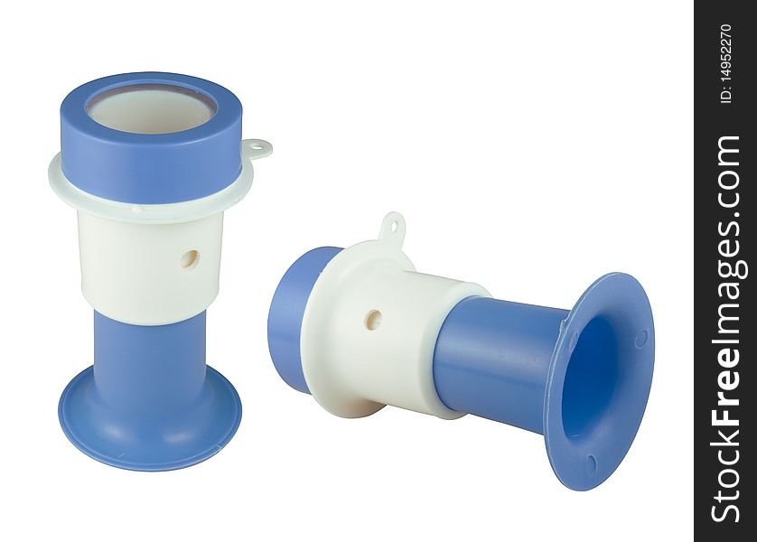 Side and tilt view of a plastic air horn commonly used by sports supporters to cheer on their team. It makes an annoying noise that sounds like a vuvuzela. Two clipping paths are included.