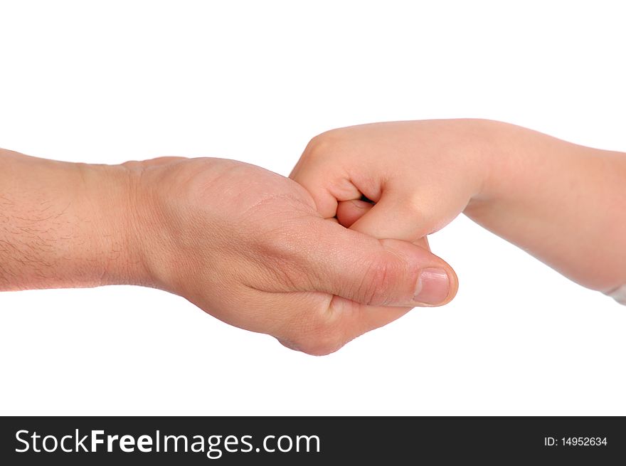 Children's palms in a reliable man's hand on white