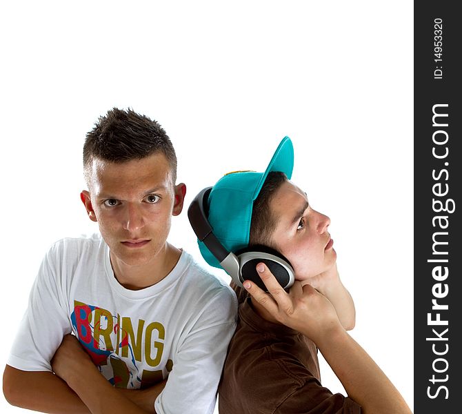 Two young fresh teenagers acting as djs at a party scene. Isolated over white. Two young fresh teenagers acting as djs at a party scene. Isolated over white.