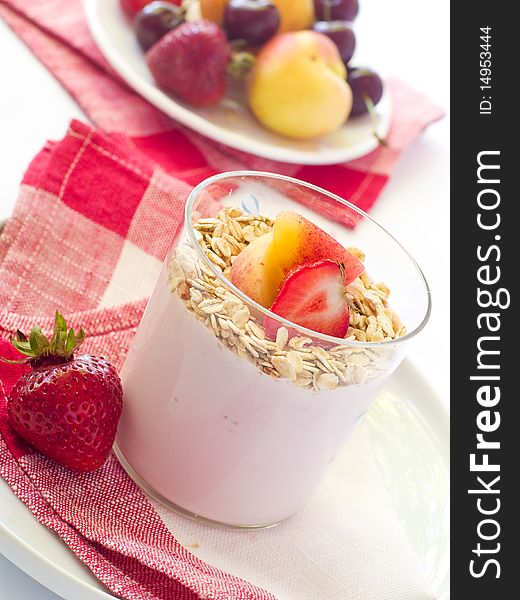 Yogurt with muesli and berries for breakfast