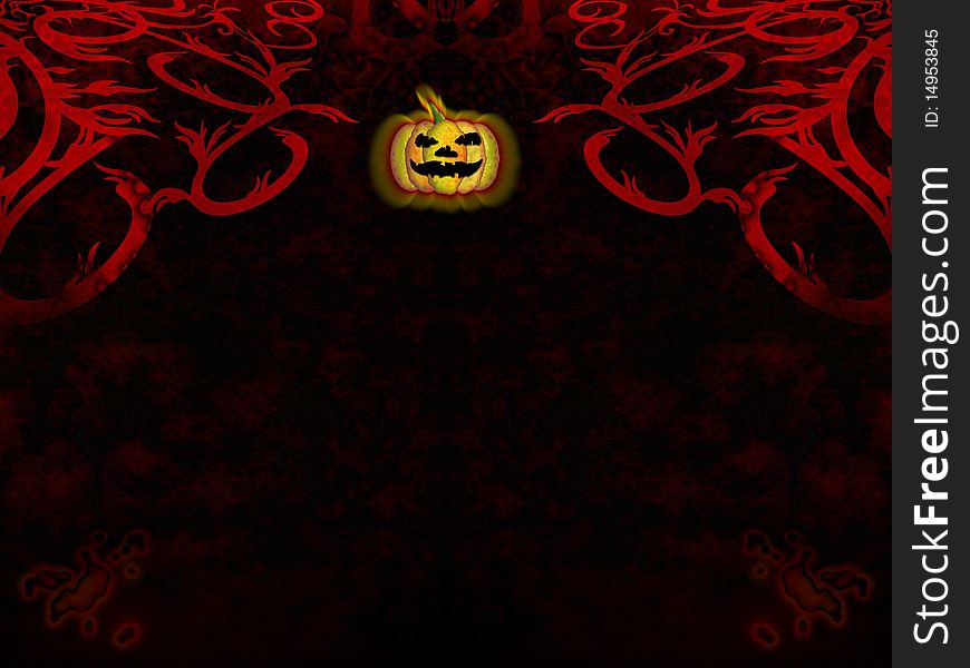 Halloween Card with red grungy decorations and stylized pumpkin