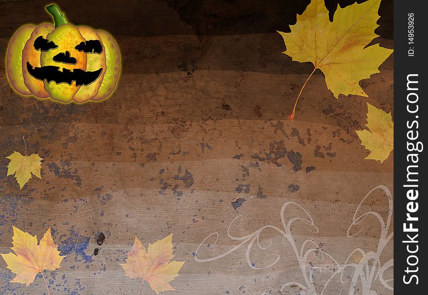 Grunge Autumn Halloween Background with Pumpkin and Leaves