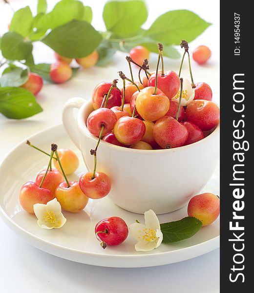 A cup of cherry with flower on light background