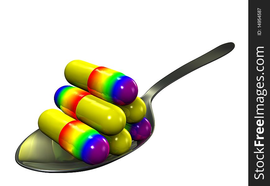 Pills on spoon, white background