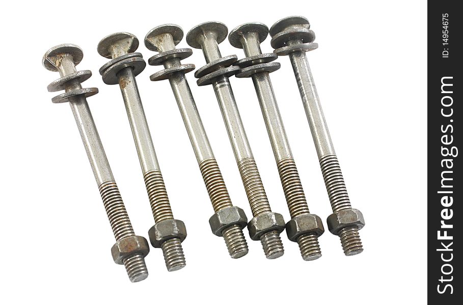 Six long bolts on the white background