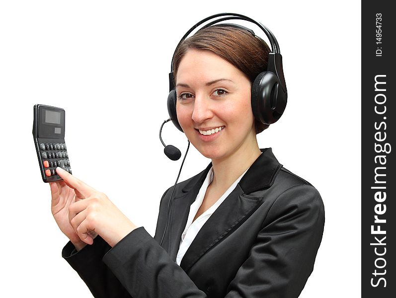 Friendly telephone operator with calculator . Ready to count down you finances