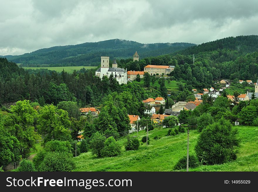 Romantic catle in green valley. Romantic catle in green valley