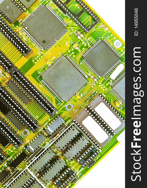 Shallow depth-of-field image of green computer circuit board