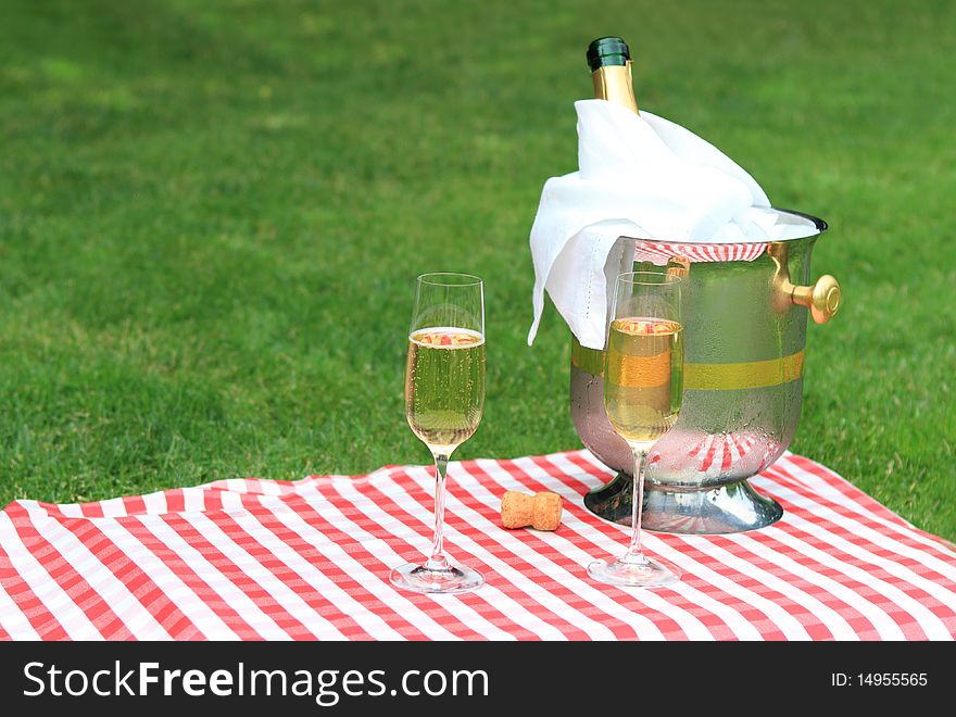 Champagne being poured at a summer picnic. Champagne being poured at a summer picnic