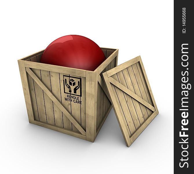 Wooden box with ball. 3d Rendering.