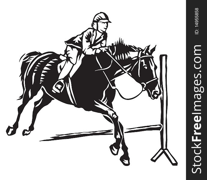 Vector illustration of woman in formal riding gear jumping a horse over a fence. Vector illustration of woman in formal riding gear jumping a horse over a fence