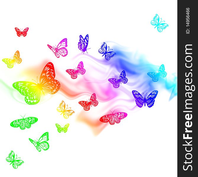 Colored  background with  abstract smoke and butterflies