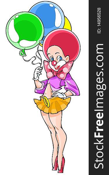 The girl-clown with red hair holding a colored balls. The girl-clown with red hair holding a colored balls