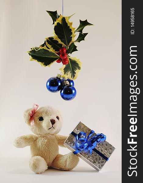 Girl Teddy Bear with gift unser holly and bulbs. Girl Teddy Bear with gift unser holly and bulbs