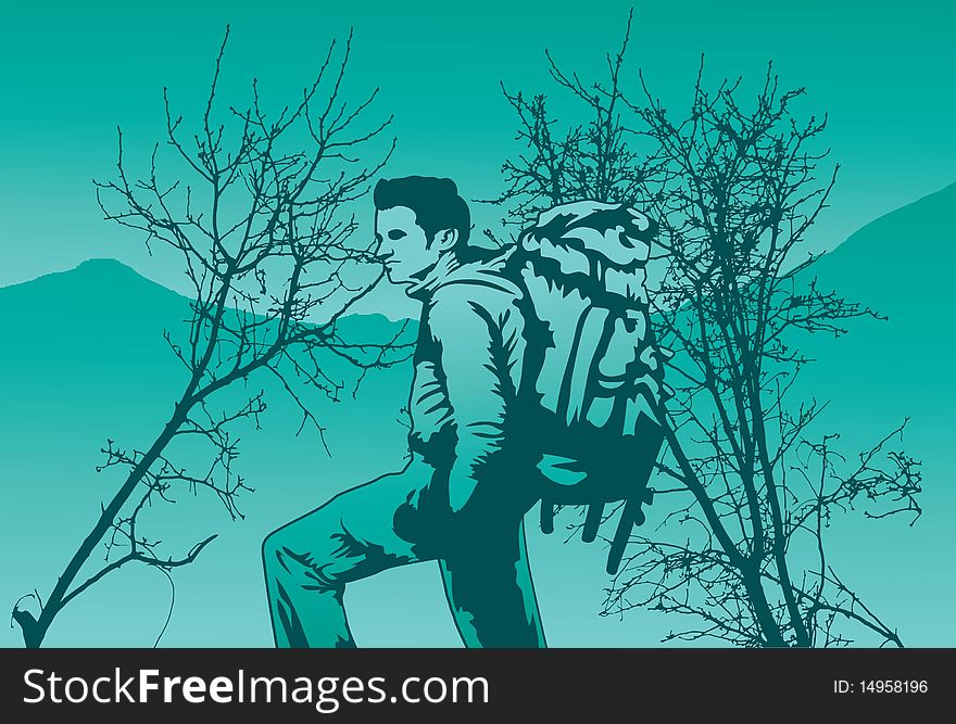 Image of a free spirit male who is backpacking for his vacation. Image of a free spirit male who is backpacking for his vacation