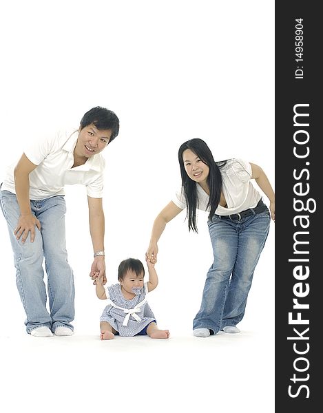 Asian family portrait against white background