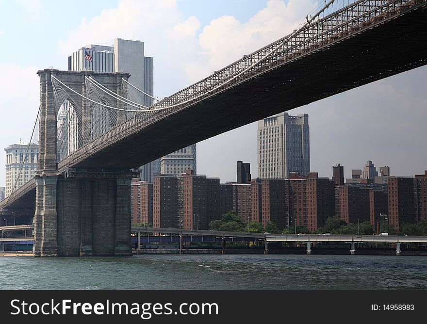 Brooklyn bridge looking west to Manhattan down under