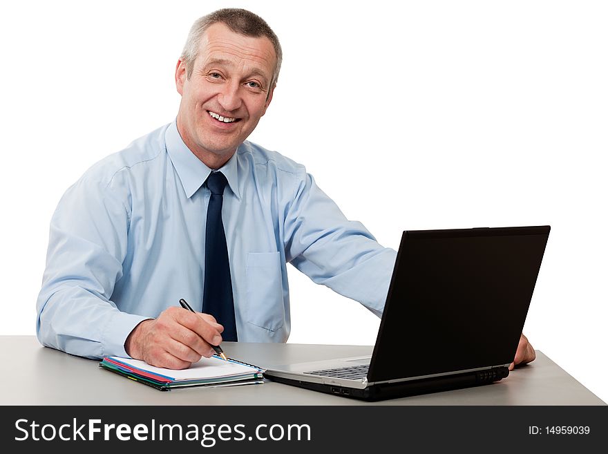 Portrait of senior businessman with notebook isolated on white background