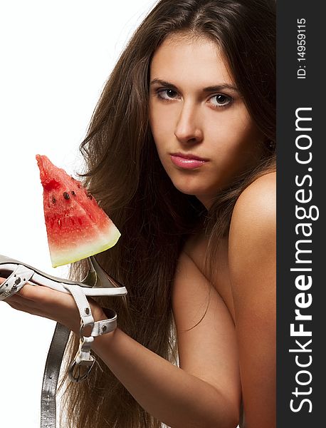 Woman With Slice Of Watermelon On Heel