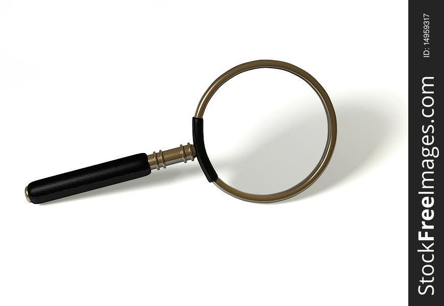 A brass magnifying glass with a black handle on a white background. 3d Image.