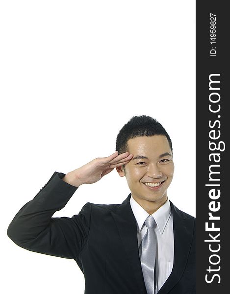 Asian young man by greeting gesture on white. Asian young man by greeting gesture on white