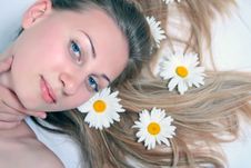Beautiful Woman With Chamomile Stock Images