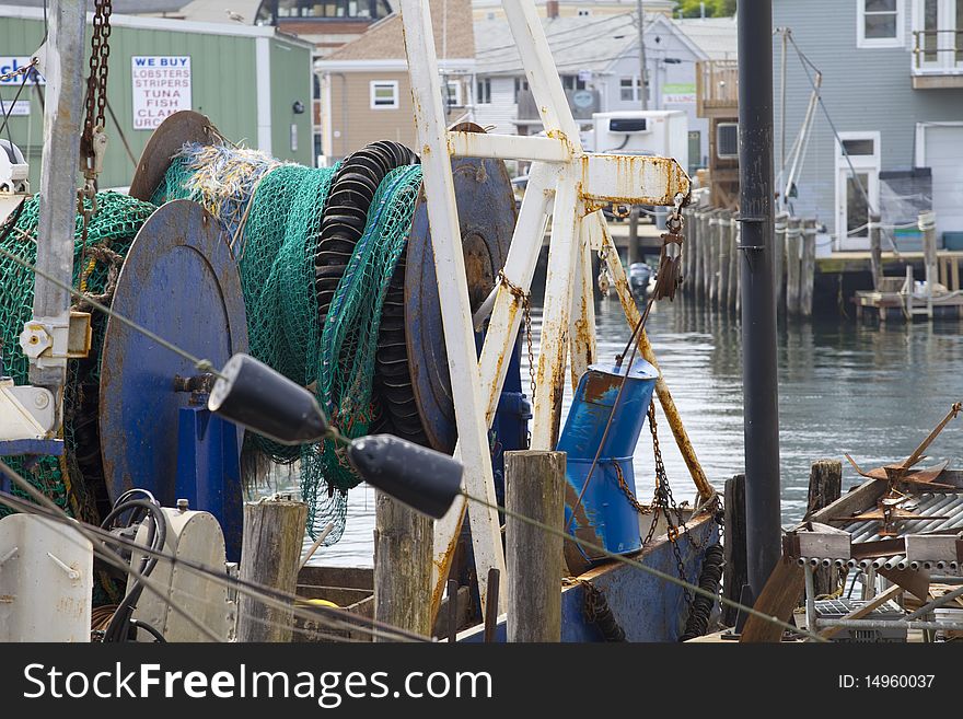 Details of a fishing boat in the harbor of Gloucester in New England