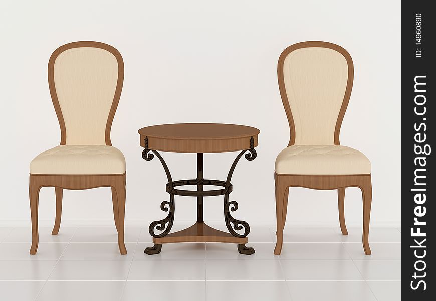 Two classic brown armchairs with coffee table