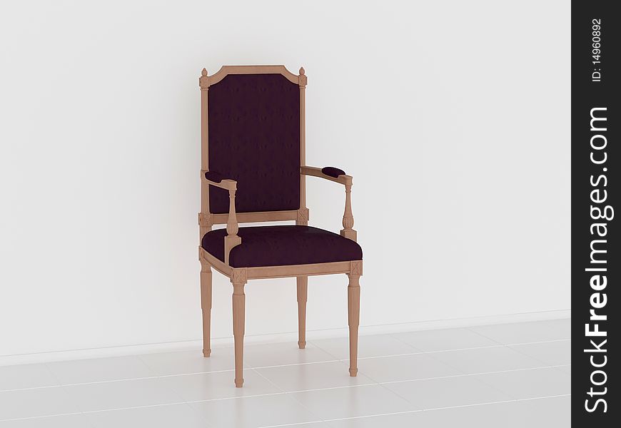 Classic brown armchair in the midle of the room, 3d render/illustration