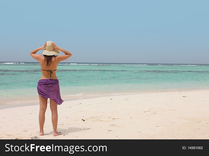 View of female back on a background of the tropical sea. View of female back on a background of the tropical sea