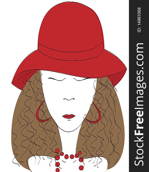 Woman in red hat with red pearl necklace, no flattened transparencies, no gradient.