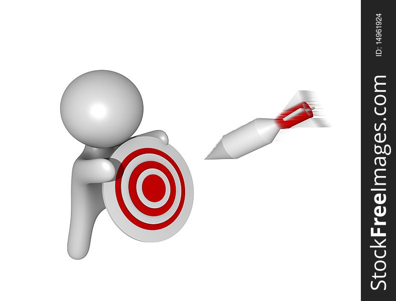 An plain 3d guy in the middle of a white-red target and an dart on his way in the goal. An plain 3d guy in the middle of a white-red target and an dart on his way in the goal