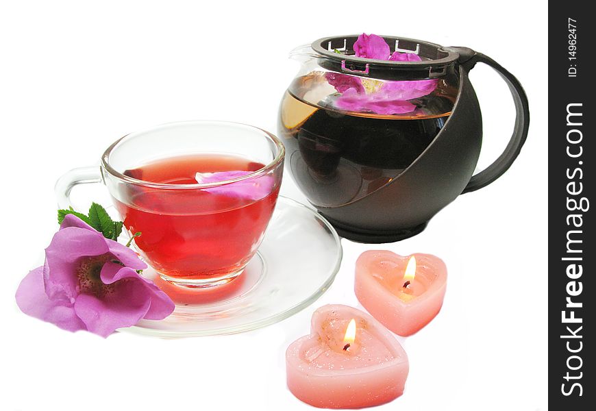 Herbal red tea with wild rose flowers. Herbal red tea with wild rose flowers