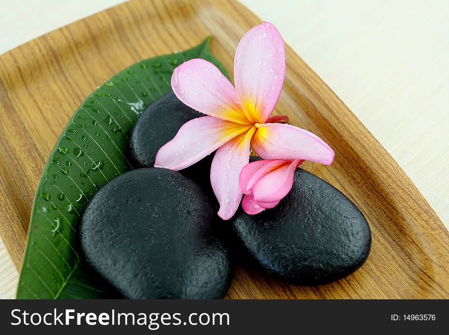 Spa stone with flower and leaf on tray. Spa stone with flower and leaf on tray